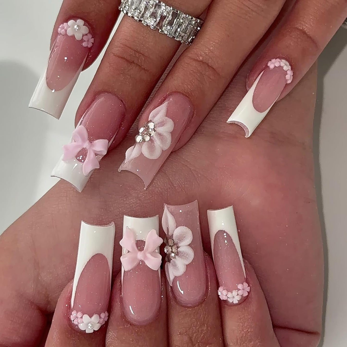 White French Tip Press-On Nails - Long Square Design with 3D Flowers & Rhinestones | Reusable Nude Pink Full Cover, 24 Pcs
