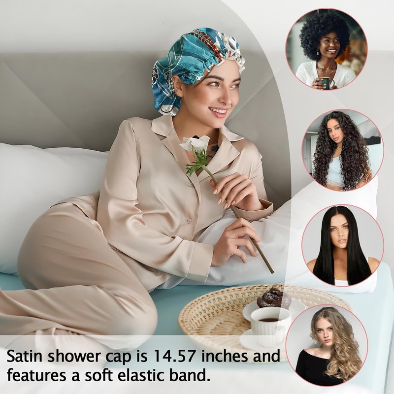 Cabreche Luxury Shower Cap Satin Silk Lined Adjustable Elastic Reusable Waterproof Shower Bath Cap Cute for Women Girls-Sea Turtle