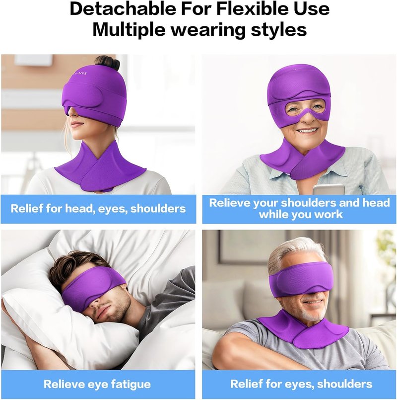 Skiennix 3-in-1 Migraine Relief Cap - Detachable Ice Pack & Eye Masks for Headaches | Purple