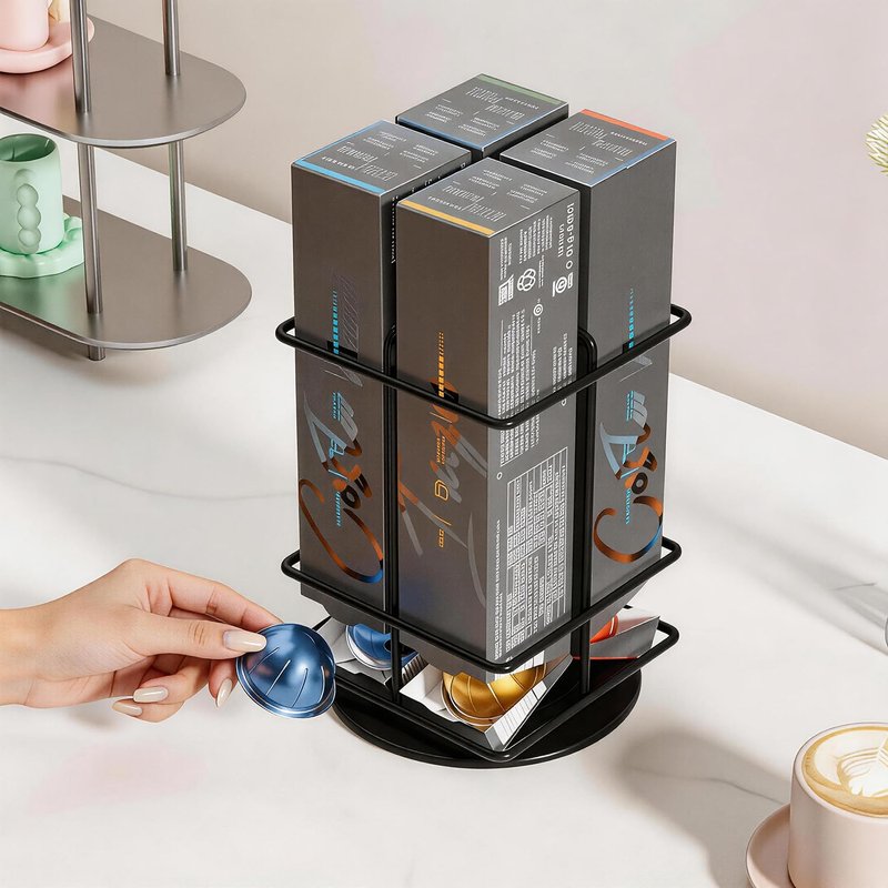 Bremoon Rotating Coffee Pod Holder Compatible with Vertuo Stores for Nespresso Vertuoline Capsules Space Saving Black Metal Organizer for Kitchen Counters Capacity of 40 pcs