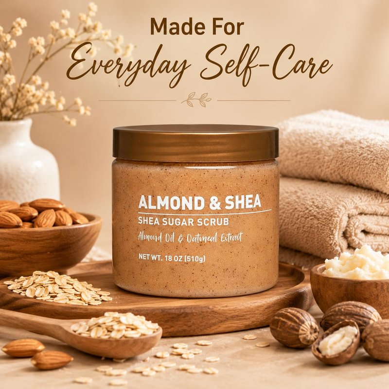 Veloura Shea Sugar Body Scrub with Almond & Shea Butter – Exfoliating Sugar Scrub for Body, Moisturizing Body Exfoliator for Dry & Dull Skin, Smooth Radiant Glow – 18 oz