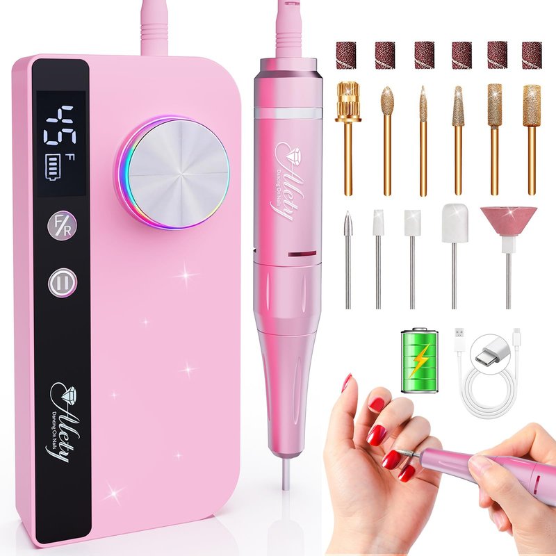 Alety Nail Drill Professional 45000RPM Electric Nail File Kit, Upgraded AC450F Nail Drill Machine for Acrylic Gel Nails, Rechargeable Salon-Grade E-File Set, Manicure Nail Tools with 11 Gold Bits