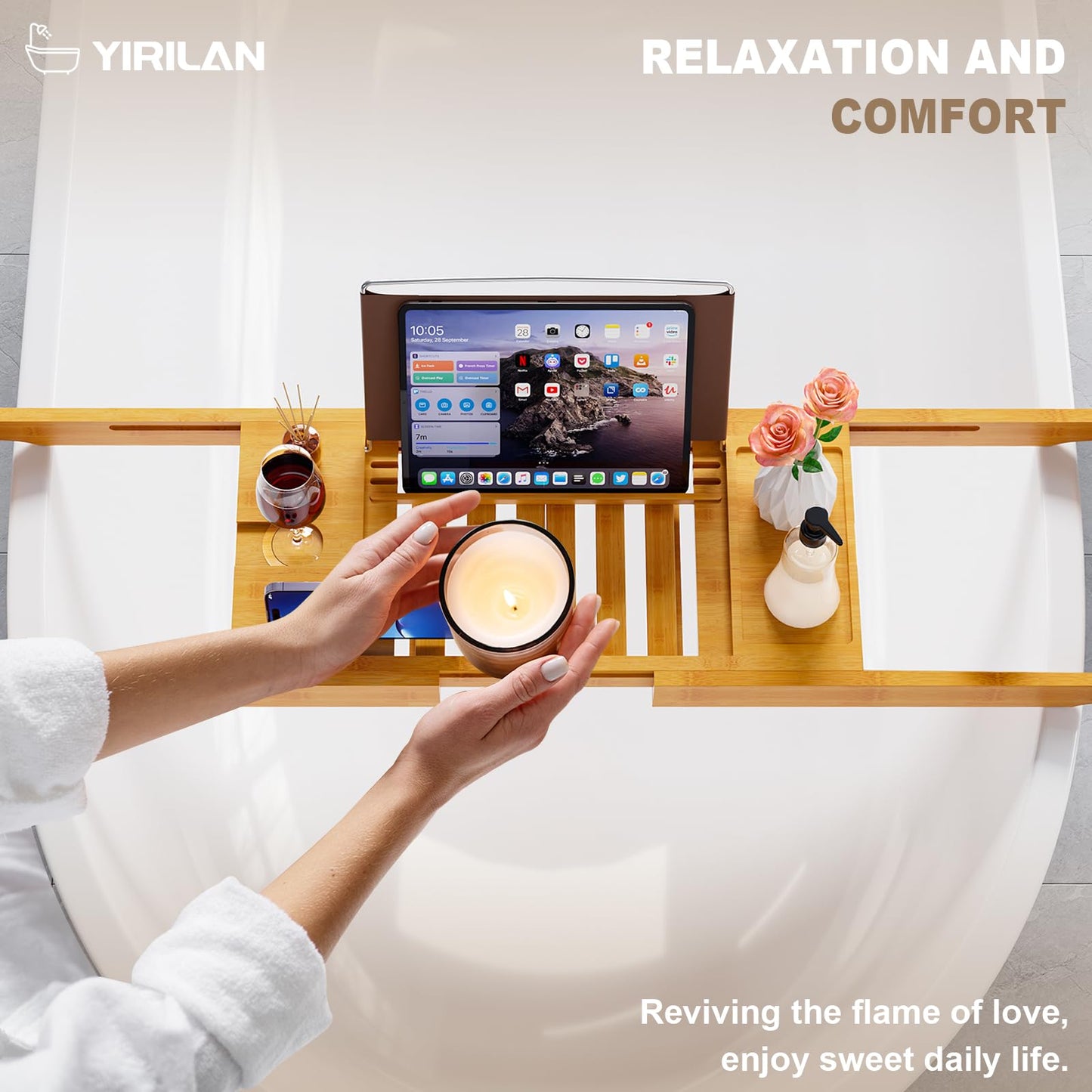Yirilan Premium Bathtub Tray Caddy, Expandable Bath Tray, Unique House Warming Gifts,Bamboo-New
