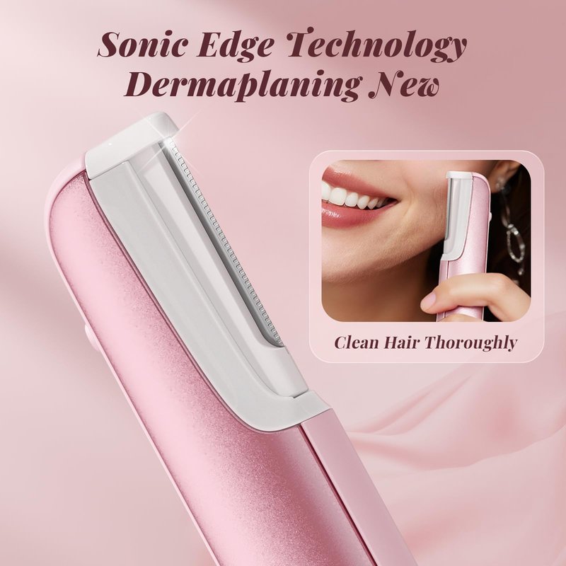 Dermaplane Razor for Women Face, BNU Facial Hair Remover for Anti-Aging, Rechargeable, LED Light, Sonic Edges, 3 Speeds, Ergonomic Handle Face Dermaplaning Tool 10 Blades Pink