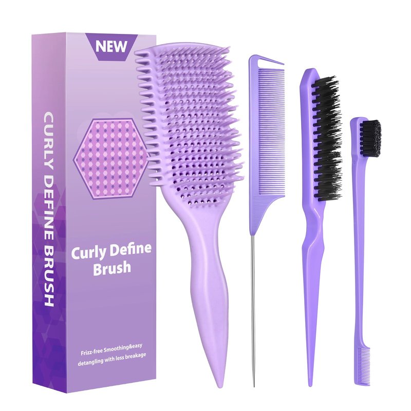 Curl Defining & Detangling Brush – Dual-Vented Curly Hair Brush for Wet & Dry Hair with Flexible Bristles – Reduces Frizz & Smooths Knots – For All Hair Types & Users (Purple)