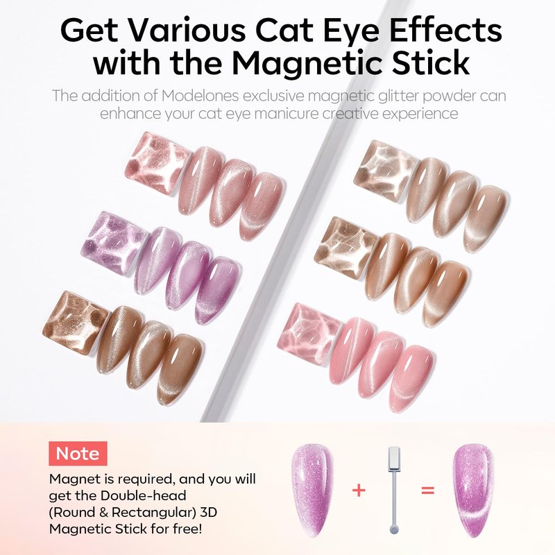 Cat Eye Gel Nail Polish - 6 Colors Including Nude, Pink & Brown | Holographic 9D Glitter Soak Off for DIY Nail Art