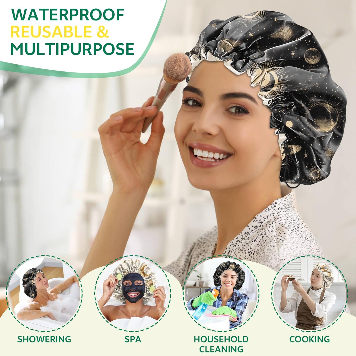 BHAHB 2 PCS Shower Cap Waterproof Double Layer Elastic Adjustable Reusable Hair Bath Caps for Girls Women Cute Aesthetic-Golden Black