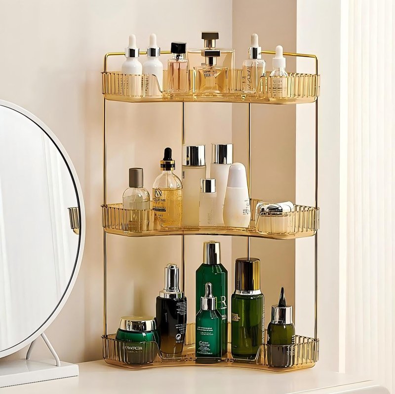 Ceruaxb 3-Tier Corner Bathroom Counter Organizer, Plastic Countertop Makeup Organizer, Large Capacity Vanity Bathroom Perfume Shelf Rack for Kitchen Office Desktop (Amber)