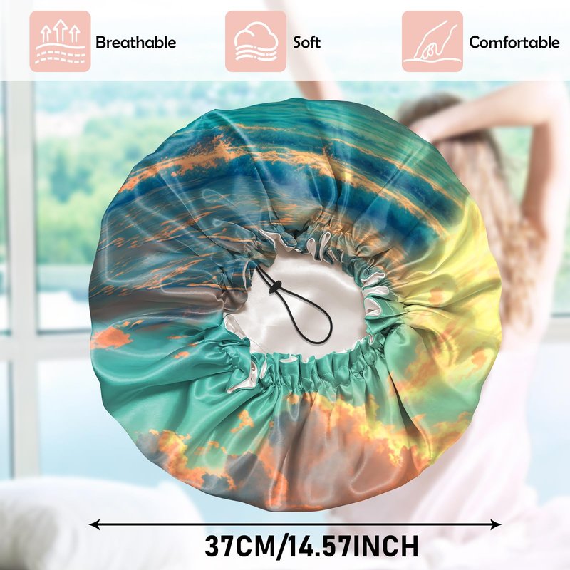 Cabreche Luxury Shower Cap Satin Silk Lined Adjustable Elastic Reusable Waterproof Shower Bath Cap Cute for Women Girls-Beach