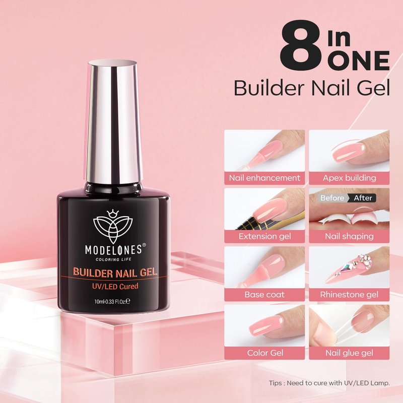 Builder Nail Gel - 8-in-One Peachy Pink Rubber Base Polish | LED Cured Extension Strengthener for DIY Salon