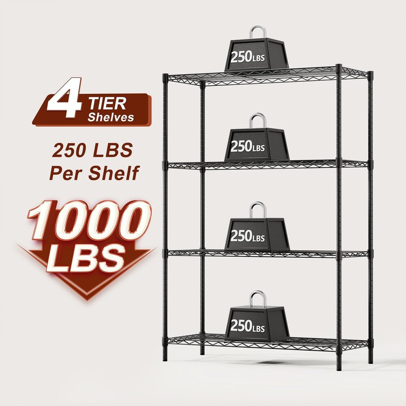 4-Tier Wire Storage Shelves - Heavy-Duty Metal Rack | Adjustable | 36x14x54 | Black | Holds Up to 1000 lbs | No-Tool Assembly