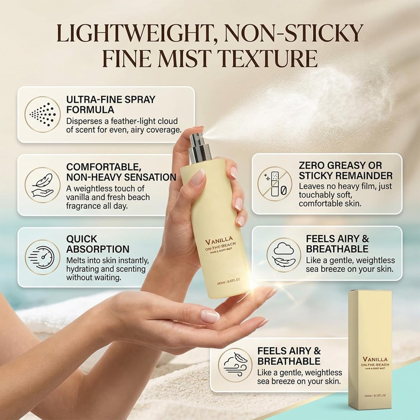 Vanilla on the Beach Hair and Body Mist - Long-Lasting Coconut & Vanilla Fragrance Spray, 8.11 fl oz