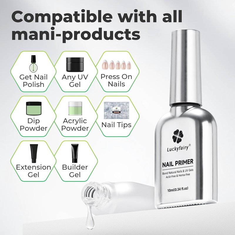 Luckyfairy Nail Dehydrator and Primer, Acid-Free & HEMA-Free Nail Prep Kit for Gel Nails & Press ons, No Lift Primer, Strong Adhesion Bond, No Lamp Needed