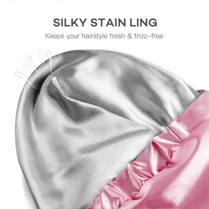 ZKLLGHE Large Shower Cap for Women Reusable Waterproof Adjustable Shower Caps with Silk Satin Lined Luxury Shower Cap for Long Hair(Pink)