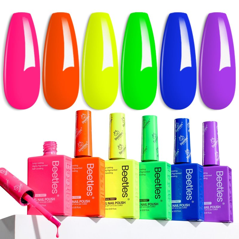 Beetles Neon Gel Nail Polish - Tropical Mood, Hema Free 6 Colors Summer Gel Nail Polish Set, 15ML Hot Pink Yellow Blue Purple Green Orange, Soak Off UV LED Bright Rainbow Summer Nails Art Holiday