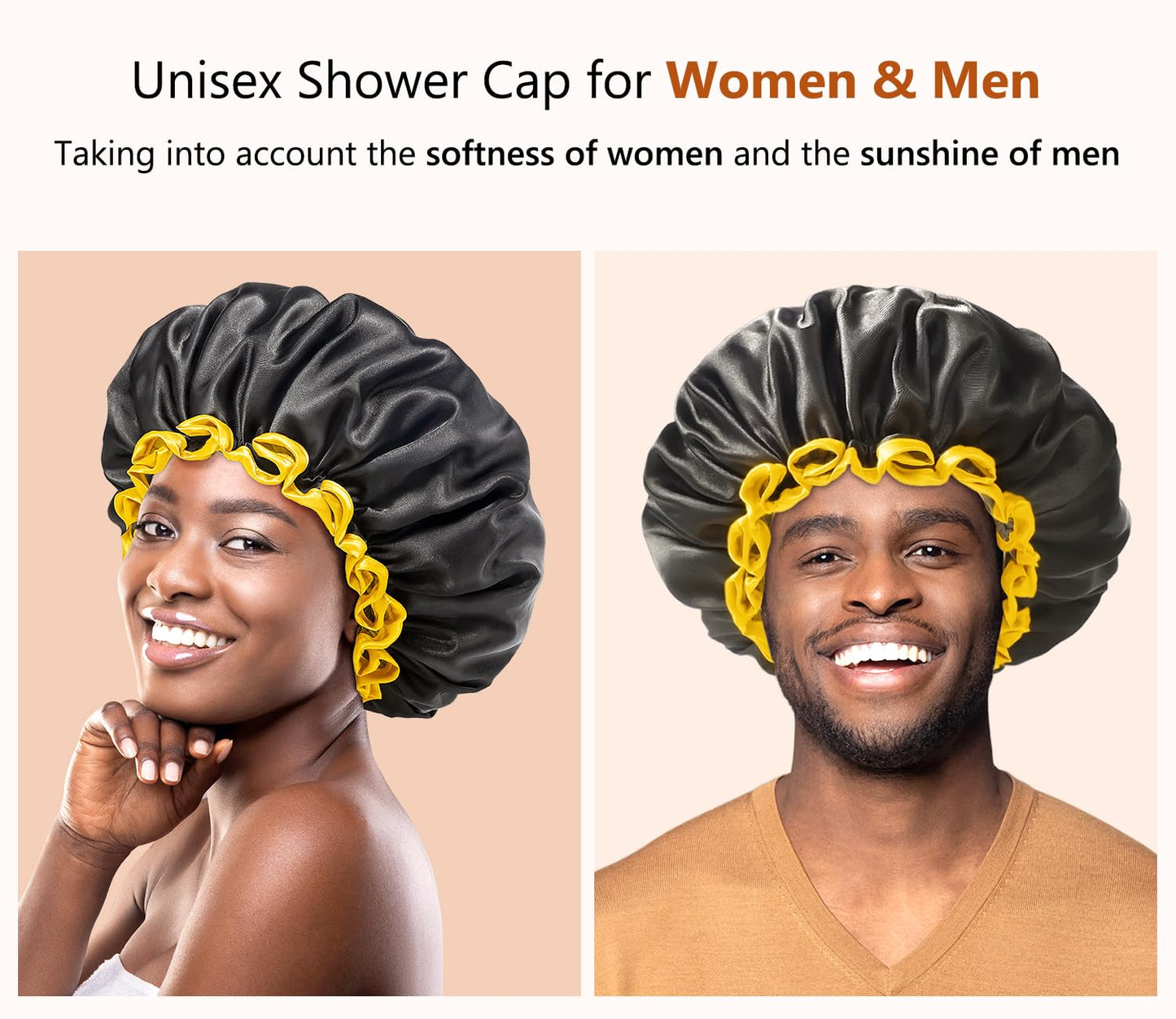 mikimini Extra Large Black Shower Cap for Women and Men Thick Long Hair Braids, Reusable Waterproof Double Layers XL Bathing Hair Caps with Vibrant Yellow Edge (Black)