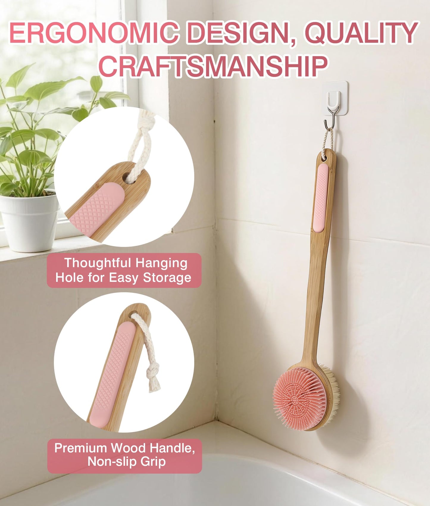 EaTubano Back Scrubber for Shower - Double-Sided Silicone and Super-Dense Bristles for Deep Cleaning & Exfoliation, Bamboo Long Handle with Wider Anti-Slip Grip, Rich Foam, Durable (Pink)