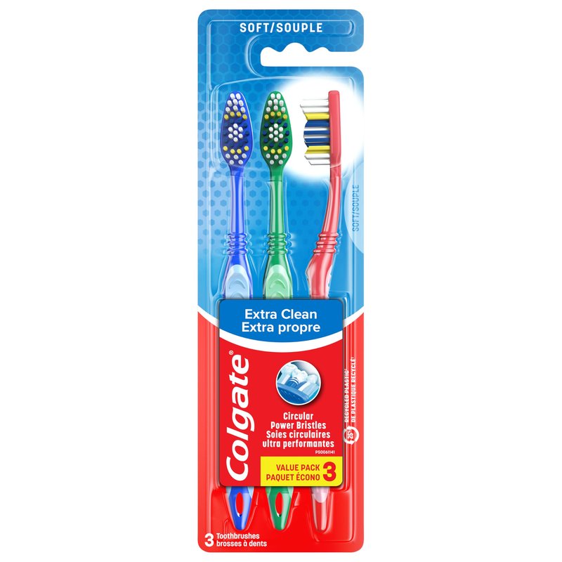 Colgate Extra Clean Toothbrush, Soft Toothbrush for Adults, 3 Count (Pack of 1)
