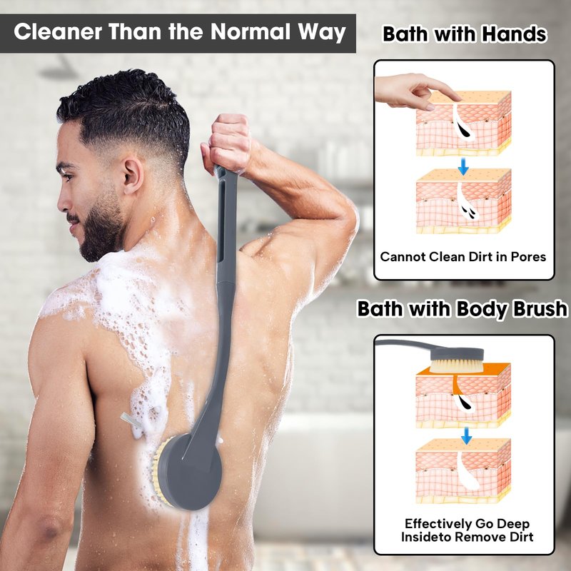 Gobiteli Back Scrubber for Shower,20.5" Long Handle Shower Brush for Body for Deep Clean,Back Brush for Shower for Men Women(Grey)