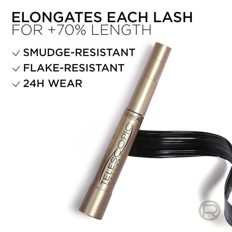 L’Oreal Paris Makeup Original Telescopic Mascara, Separating Mascara Volume and Length Formula, Washable, Carbon Black, 0.27 Fl Oz., 2 Count