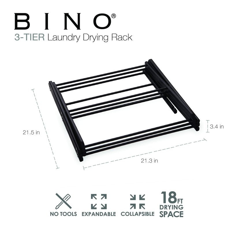 BINO 3-Tier Collapsible Drying Racks | Black | Air Drying & Hanging | Foldable Portable Indoor & Outdoor | Space Saving Clothes Dryer Stand | Home Dorm Apartment Essentials