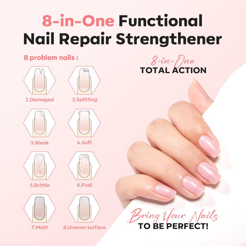 modelones Nail Strengthener Glitter Pink Nail Polish Nail Repair for Damaged Nails Hardener and Growth Polish Nail Care Gifts for Women Nail Strengthening Polish 15ml