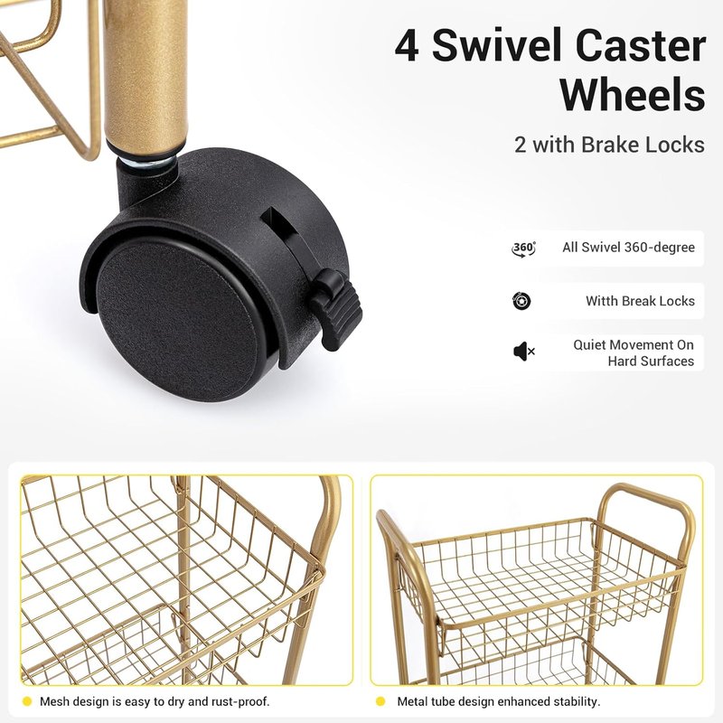3 Tier Rolling Utility Cart - Versatile Storage Trolley with Wheels for Kitchen, Office & Salon | Gold Finish
