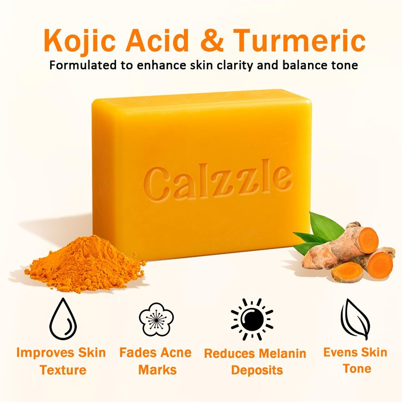 Calzzle Kojic Acid Soap 4PCS, Dark Spot Remover & Brightening with Turmeric, Vitamin C & Retinol, Moisturizing with Collagen & Shea Butter, Gentle for Face and Body, With Soap Holder & Net, 110g Each