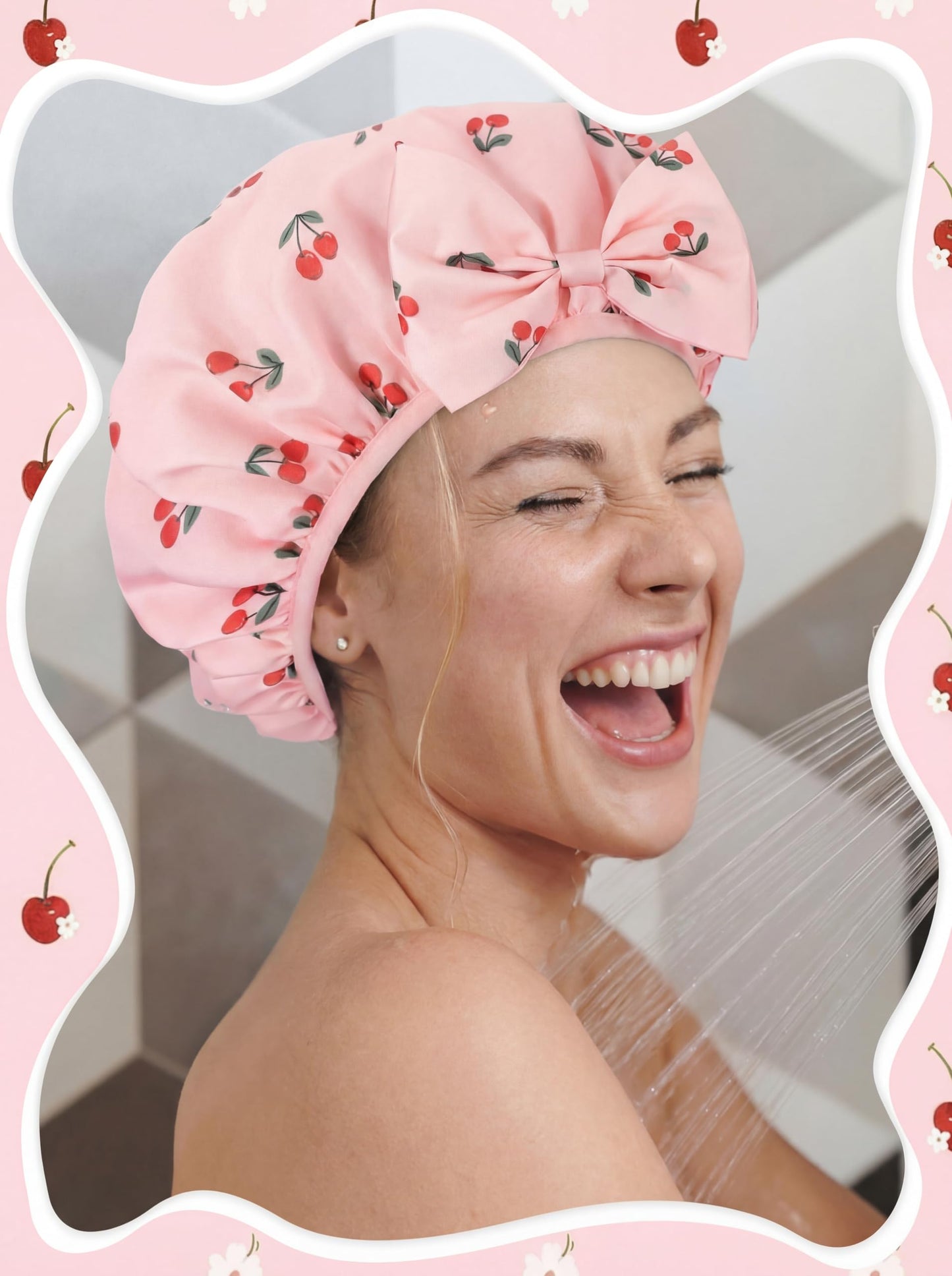 ramede Large Satin Lined Shower Cap for Women Reusable Waterproof Double Layer Bath Cap with Cherry Bow Large Washable Bath Caps with Soft Elastic Band Protect Long Hair Braids