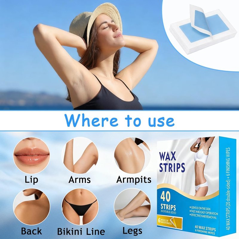 Face Wax Strips for Hair Removal, 40 Facial Waxing Strips for Women with Sensitive Skin, Gentle & Fast At-Home Wax Strips for Face & Body, Upper Lip, Arm, Leg, Bikini Line (Blue)