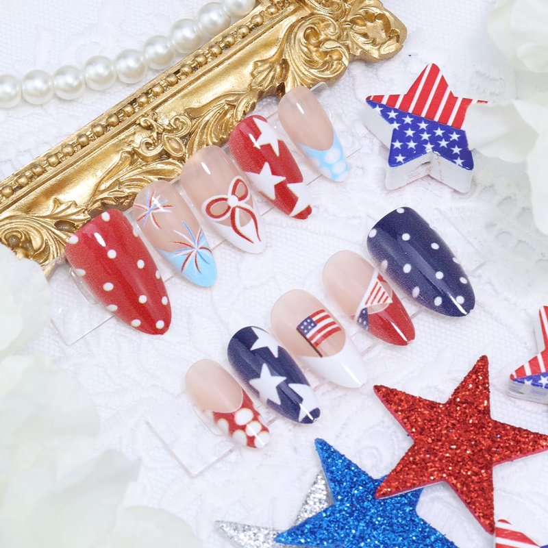 Independence Day Press-On Nails - 30Pcs Medium Almond Red, White & Blue Star Design | Reusable Patriotic Fake Nails for Women