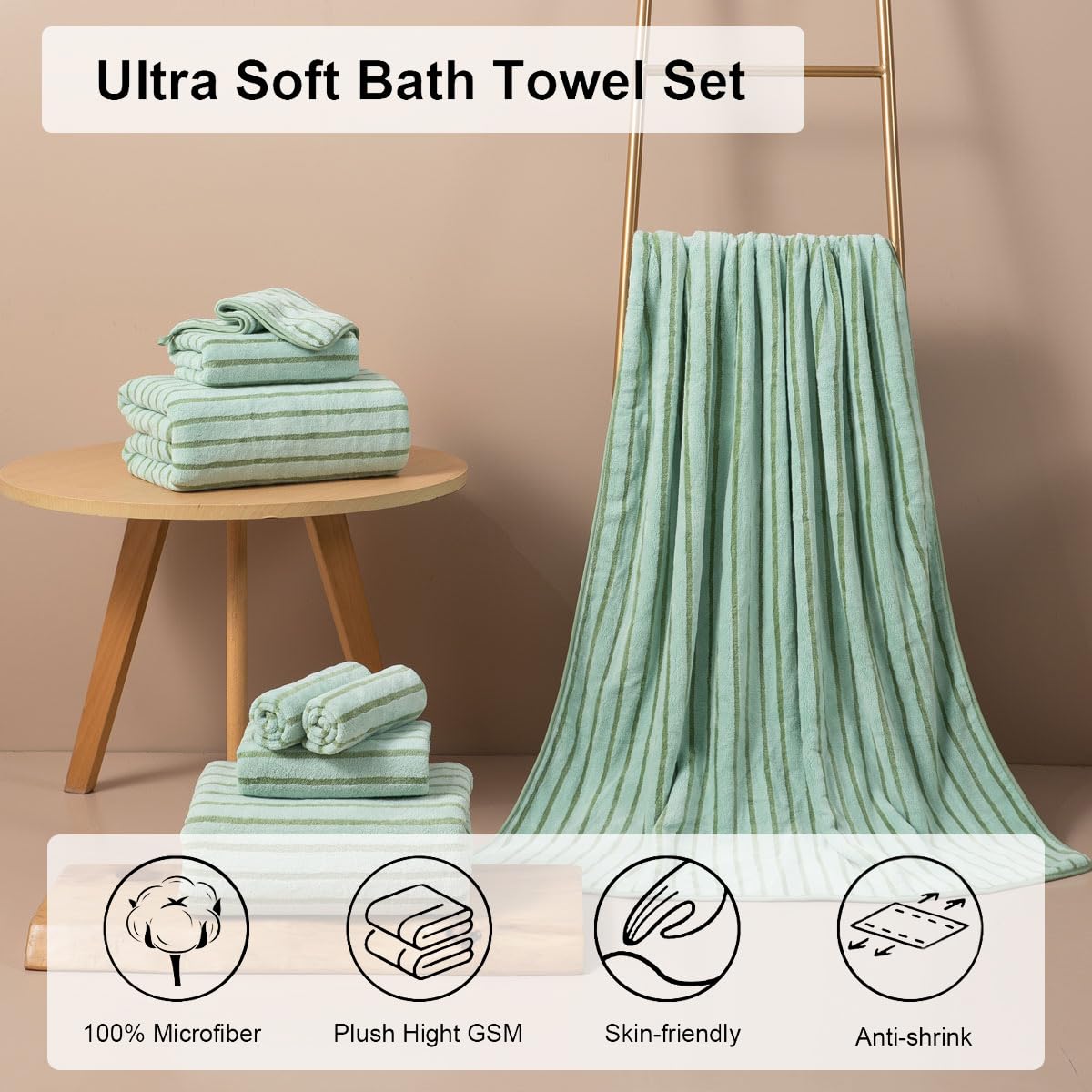 Oliven 8 Pcs Green Cabana Stripe Large Bath Towel Set Oversized Bath Sheet-2 Bathroom Towels,2 Hand Towels,4 Washcloths Soft Jumbo Absorbent Shower Towel Quick Dry Beach Chair Spa Gym Hotel Towel