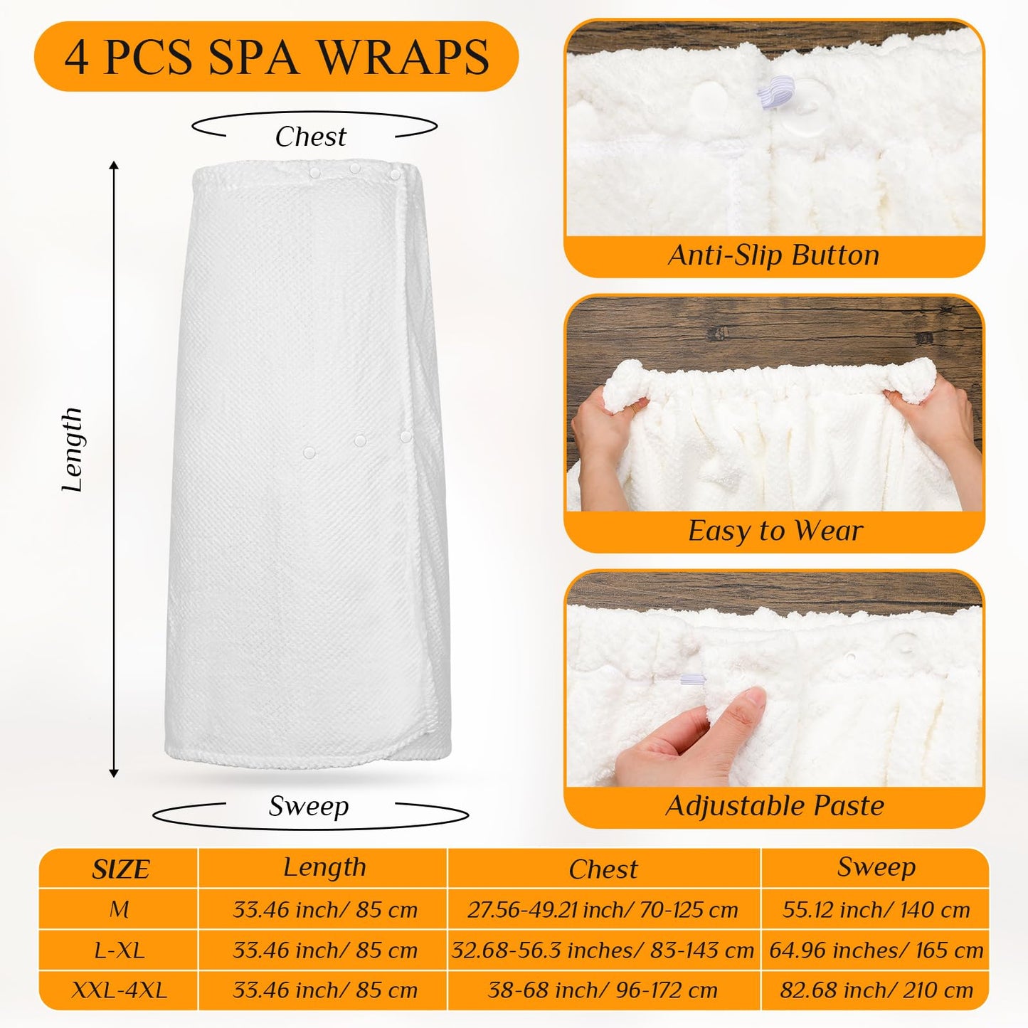Tigeen 4 Pcs Spa Wrap Towel Wrap for Women Spa Robe with Adjustable Closure Elastic Top Lightweight Wraps for Bath Shower(M,White)
