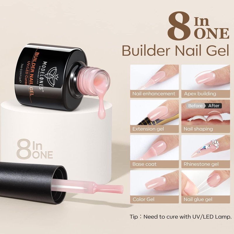 modelones Gel Polish Builder Nail Gel, Base Colors 8-in-One Jelly Caramel Brown Nude Pink Clear Builder Nail Gel Polish for Hard Extension Rubber Lamp Cured 6 Colors