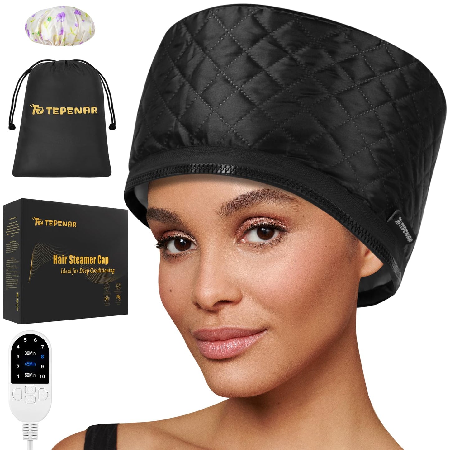 TEPENAR Hair Steamer for Deep Conditioning: Upgraded Heat Cap with 118” Power Cord 10-Level Fast Heating 3 Time Settings for Natural Hair Portable Thermal Steam Cap for Home Hair Treatment