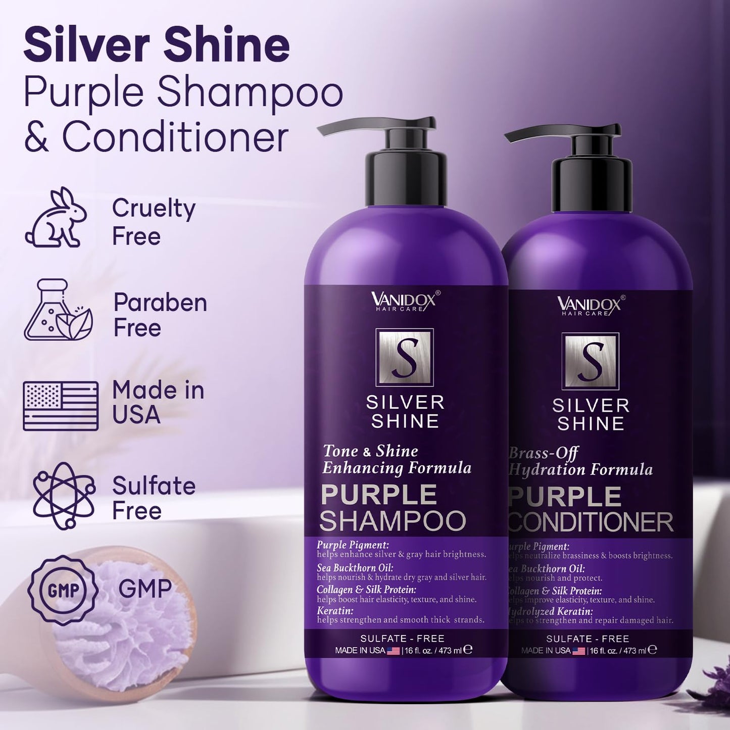 VANIDOX Purple Shampoo & Conditioner Set - Sulfate Free, Moisturizing for Grey & Silver Hair | 16 fl oz Each