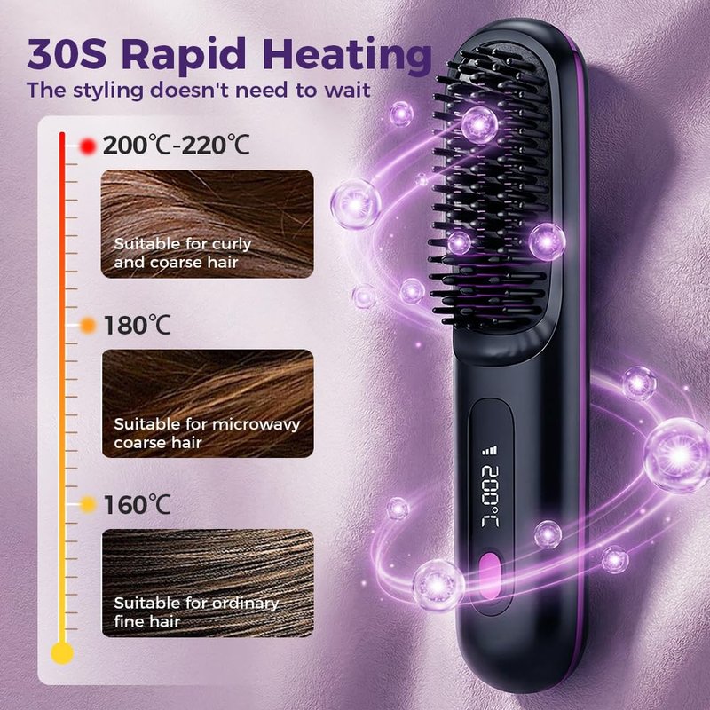 Go Brush Pro for Short Hair - 2026 Upgraded Cordless Straightening Brush with Fast Heat, 3 Temperature Settings, Ionic & Ceramic Care, 2000mAh USB-C Rechargeable for Frizz-Free Styling (Blue)