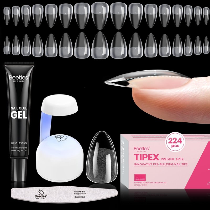 Beetles Tipex Instant Apex Nail Tips Kit, Almond Short, 224Pcs 16 Sizes, with Tipex UV Nail Glue Mini Nail Lamp,Pre-Building & Pre-Etched Thicker Acrylic Nails False Nail Extension