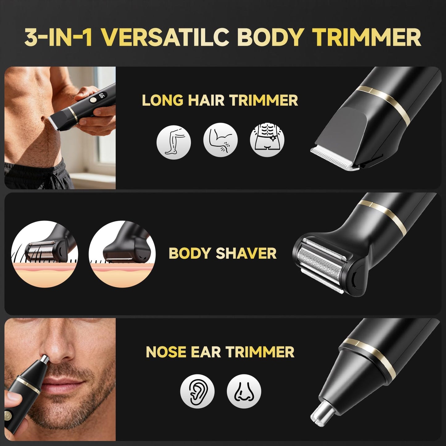 tiovara Beard Trimmer for Men, IPX7 Waterproof Body Hair Trimmer Electric Razor Shaver Body Grooming Kit Wet/Dry Use for Groin, Nose, Ear Hairs, Beard, Legs, Chest (Black)