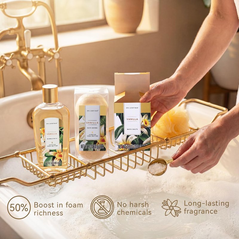 Gift Baskets for Women, Spa Luxetique 8 Pcs Vanilla Mothers Day Gifts for Mom, Birthday Bath and Body Set, Self Care Kit for Her, Including Bubble Bath, Shower Gel, Body Lotion