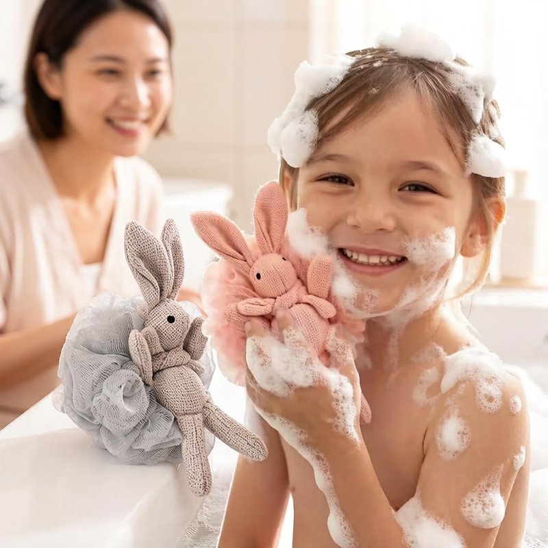 Loofah for Kids Bath Sponge for Kids Loofah Girls Cute Animal Bunny Gift Set - Pink, White, Grey - Shower Loofah for Women Yisella