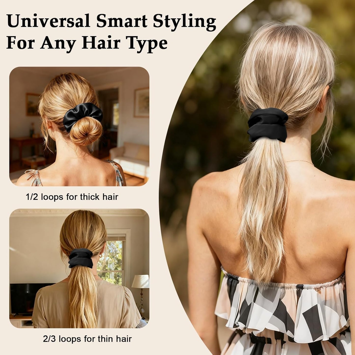 Skiennix Satin Scrunchies - 8PCS Black Silk Hair Ties | No Crease, Frizz-Free, Gentle Elastic Bands