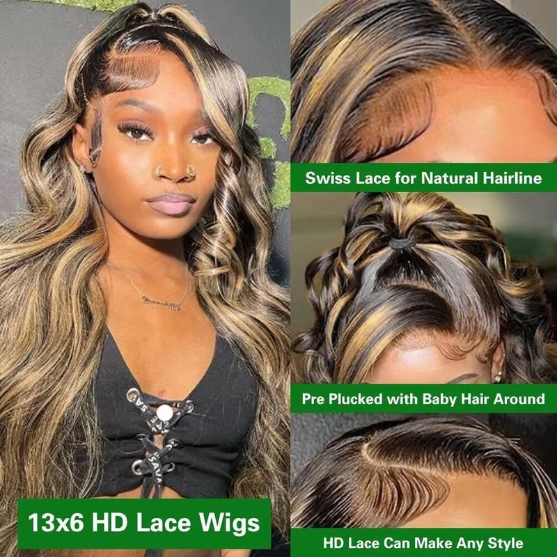 QUANDIAN 28 Inch 13x6 Balayage Highlight Lace Front Wig Human Hair 13x6 HD Lace Front Wigs Human Hair Body Wave Wig 180% Density FB/27 Colored Frontal Wigs Glueless for Women Ombre