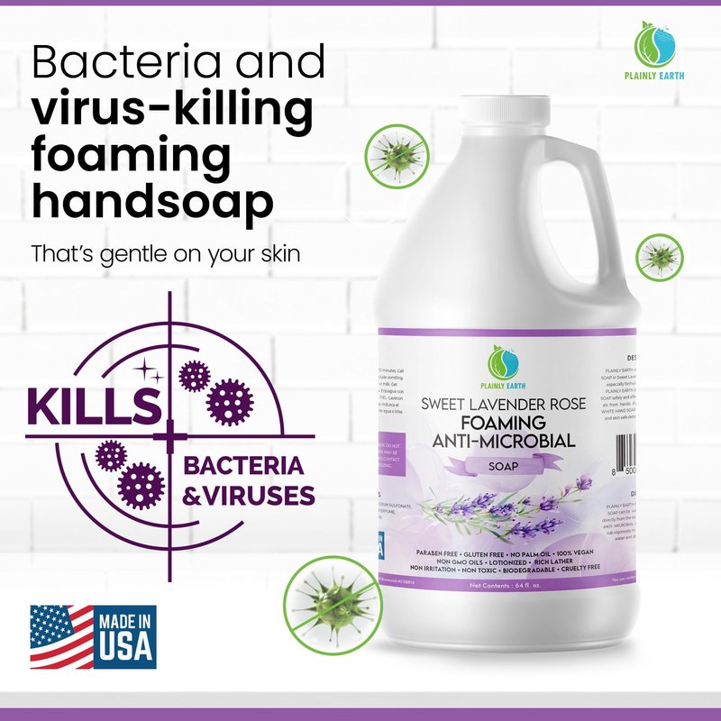 Plainly Earth AntiMicrobial Hand Soap 64 oz - Sweet Lavender Rose Gentle Foaming Liquid Hand Soap Refill Antibacterial - Moisturizing, Long Lasting Freshness & Safe for Skin