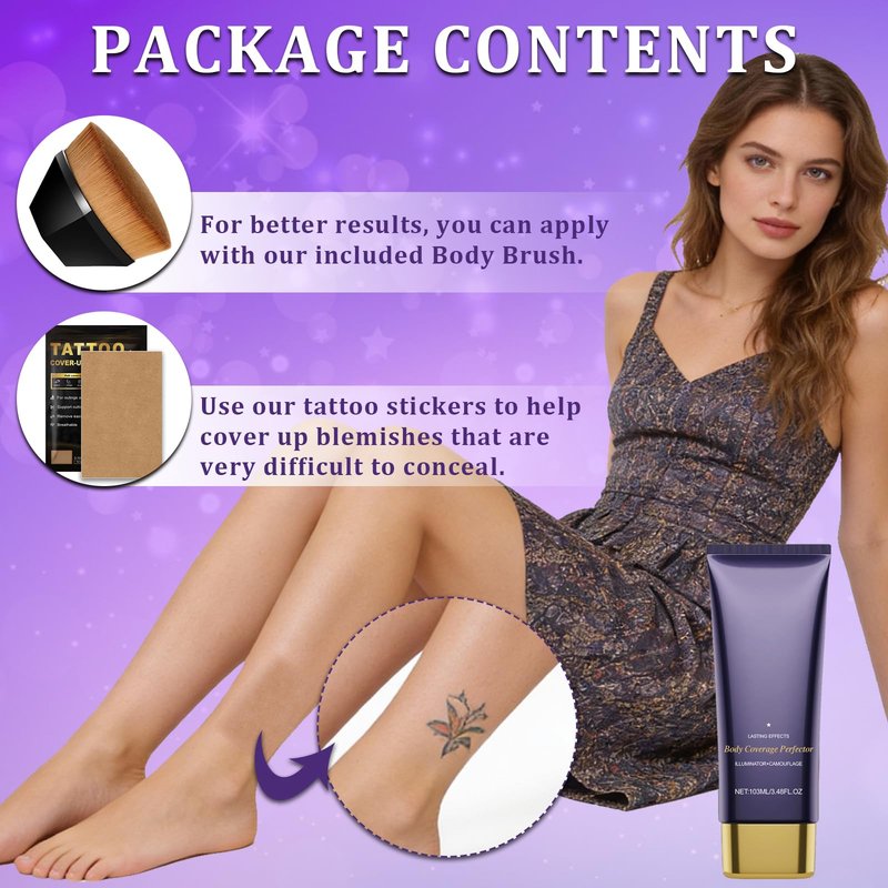 Body Makeup No Transfer with Brushes & Tattoo Concealer Patches, Leg & Body Coverage Perfector for Skin Imperfections, Uneven Tone