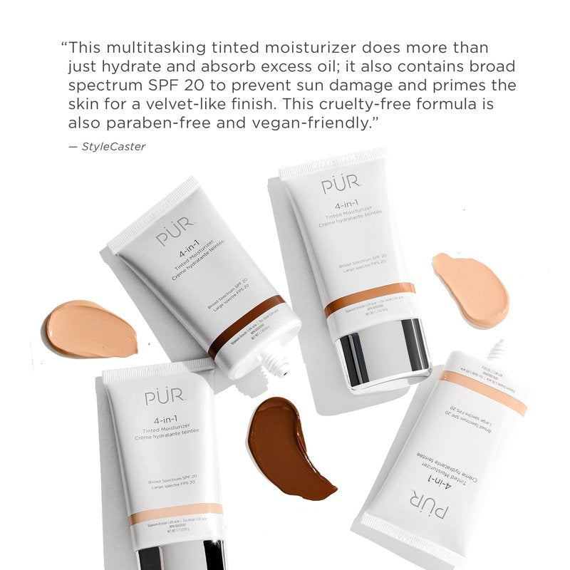 PÜR MINERALS 4-in-1 Tinted Moisturizer with SPF 20 - Hydrating Skin Tint Face Moisturizer, Primer & Foundation with Shea Butter, Aloe Vera & Vitamin B3 - Vegan Friendly, Paraben Free (Bone)