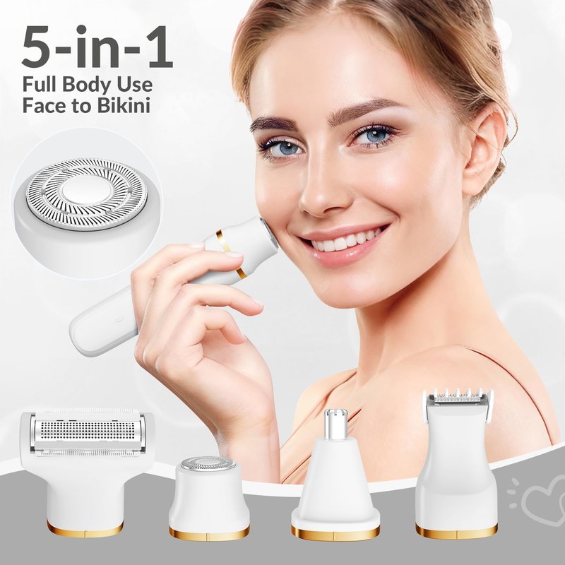 KINGTEE 5-in-1 Electric Bikini Trimmer for Women – IPX7 Waterproof Shaver, Cordless Body & Facial Razors for Women, Ceramic Blades, USB-C Rechargeable, Painless Hair Removal Kit (White)
