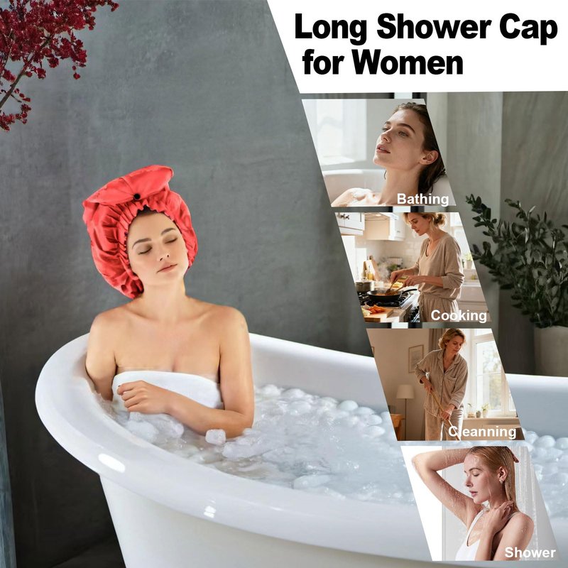 ELEBOX Extra Large Shower Cap for Braids/Curly Hair/Dreadlock | Reusable Waterproof Long Bonnets for Women Bath/Swim/Cooking/Cleaning/Spa | XL Bathing Cap with Adjustable Drawstring & Button, Red