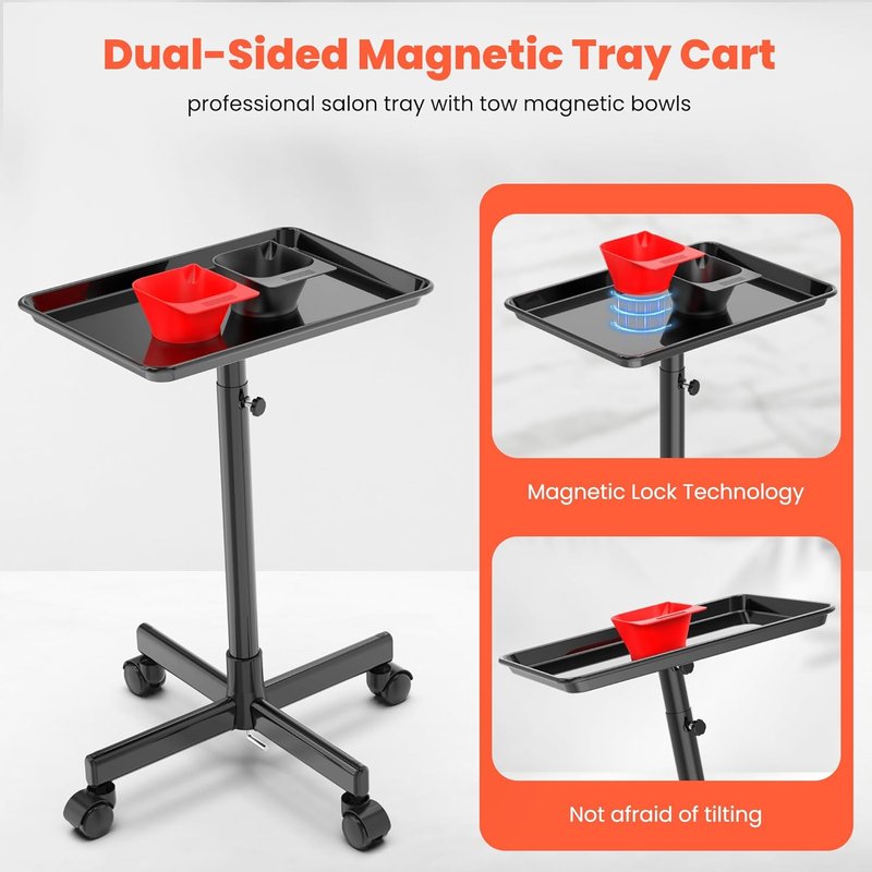 Adjustable Height Rolling Salon Tray - Mobile Trolley with 2 Magnetic Bowls & 10 Disposable Covers | 24-36 Inch, Black