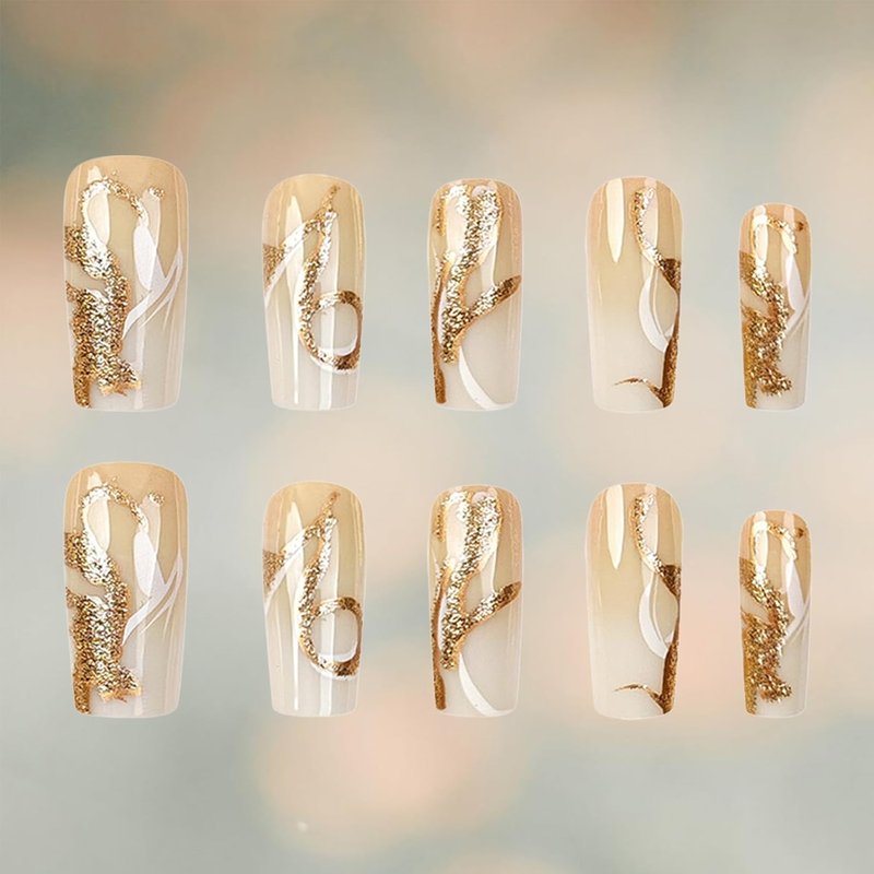 Skiennix Gold Glitter Press-On Nails - Medium Square Acrylic Tips with Curve Lines Design | 24 Pcs Full Cover